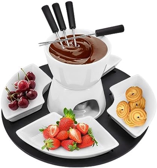 Fondue set - Keramische Chocolade en Kaas Fondue Set met 4 Vorken en 4 Kommetjes - Theelicht Verwarmde Niet-Elektrische Fonduepan voor Desserts en Dips - Wit