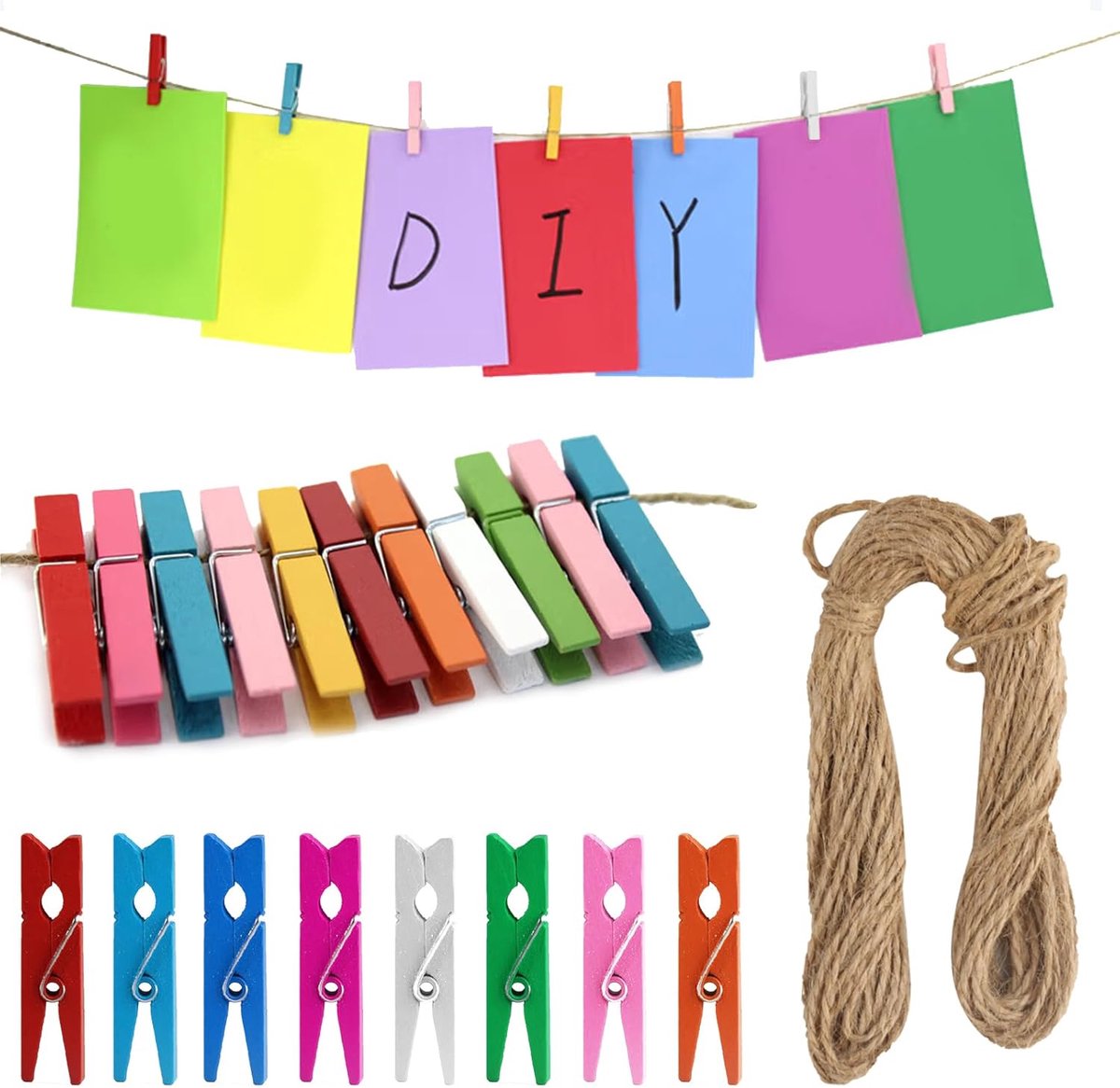 Pack van 200 Houten Klemmen - Kleine Kleurrijke Mini Kleding Klemmen - Houten Klemmen voor Foto's en Foto Wand