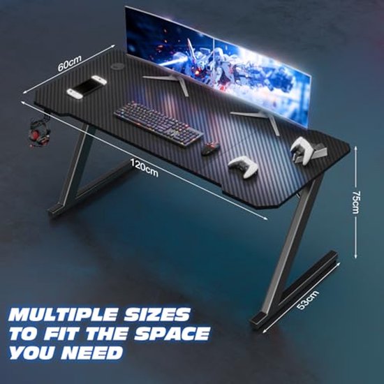 Gaming Bureau 120x60CM - Ergonomisch PC Bureau met Cool Z-Vorm en Hooftelefoon Haak van Merkloos — afbeelding 3