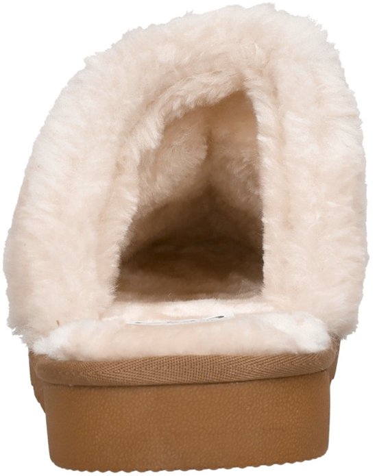Achterkant bruine suède pantoffel met crèmekleurige teddy voering en bruine zool.