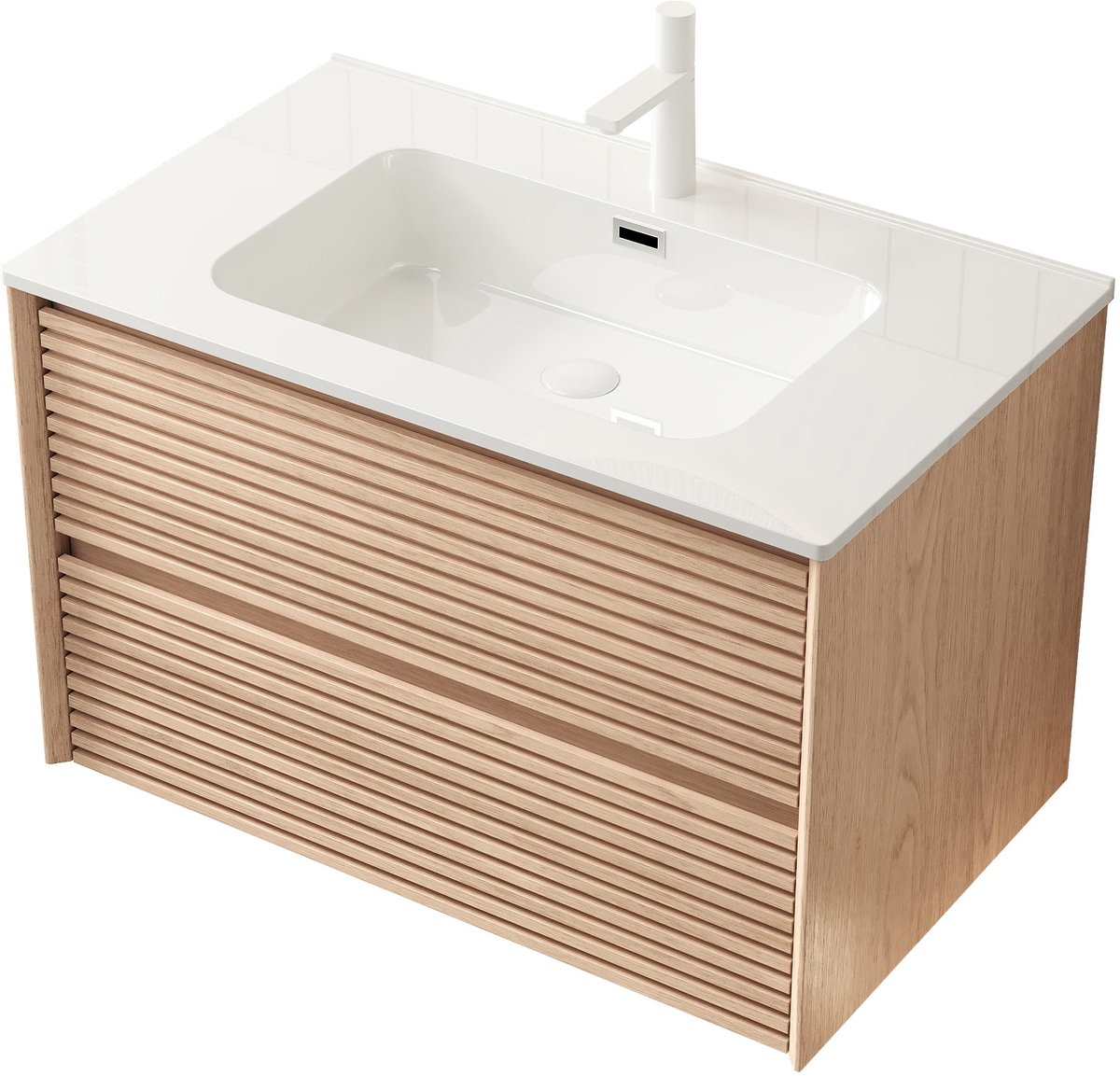 Merax 81 cm Wandmeubel Badkamer – Wastafelmeubel met Wit Keramisch Onderbouw Wastafel & Gestreepte Houten Onderkast met 2 Laden – Zimt Walnoot Kleur – Plywood – Vormontage