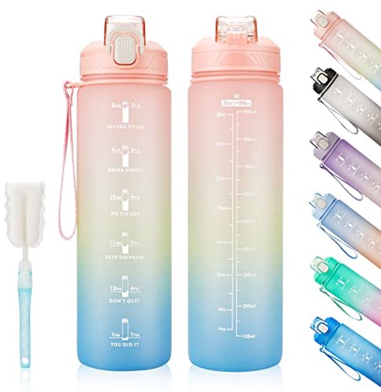 Waterfles met Tijdmarkering en Rietje - 1 L Lekvrije Sportwaterfles voor Fitness en Buitensport