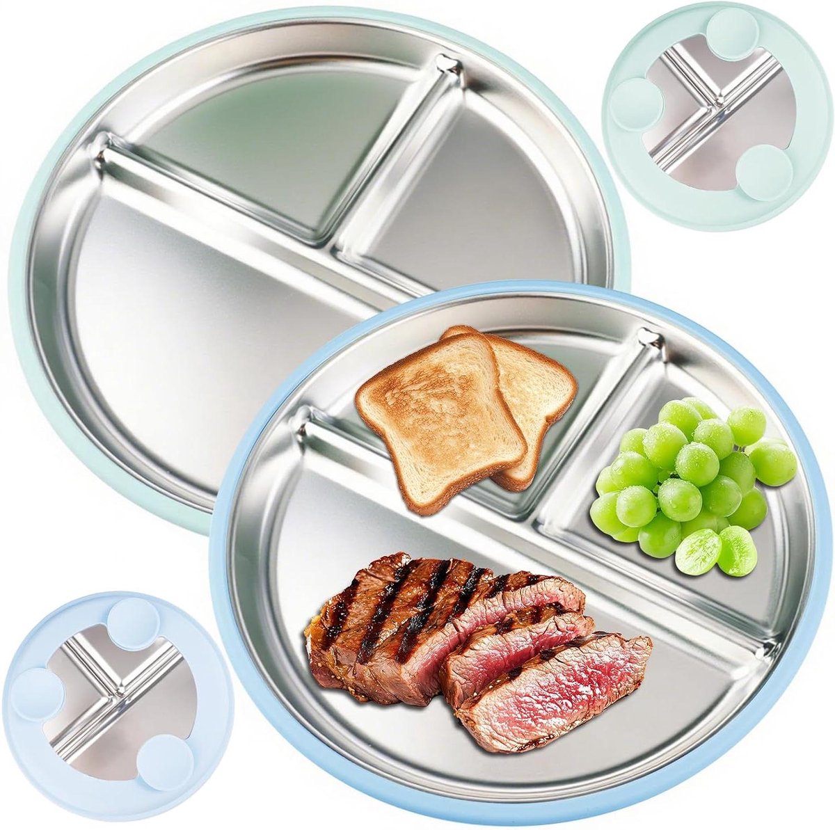Image of 23 cm Roestvrij Stalen Babybord met Siliconen Zuignap en Onderverdeling, 2 Stuks, Antislip en Niet Breekbaar. Geschikt voor Zuigelingen, Inclusief Afneembare Siliconenhoezen.