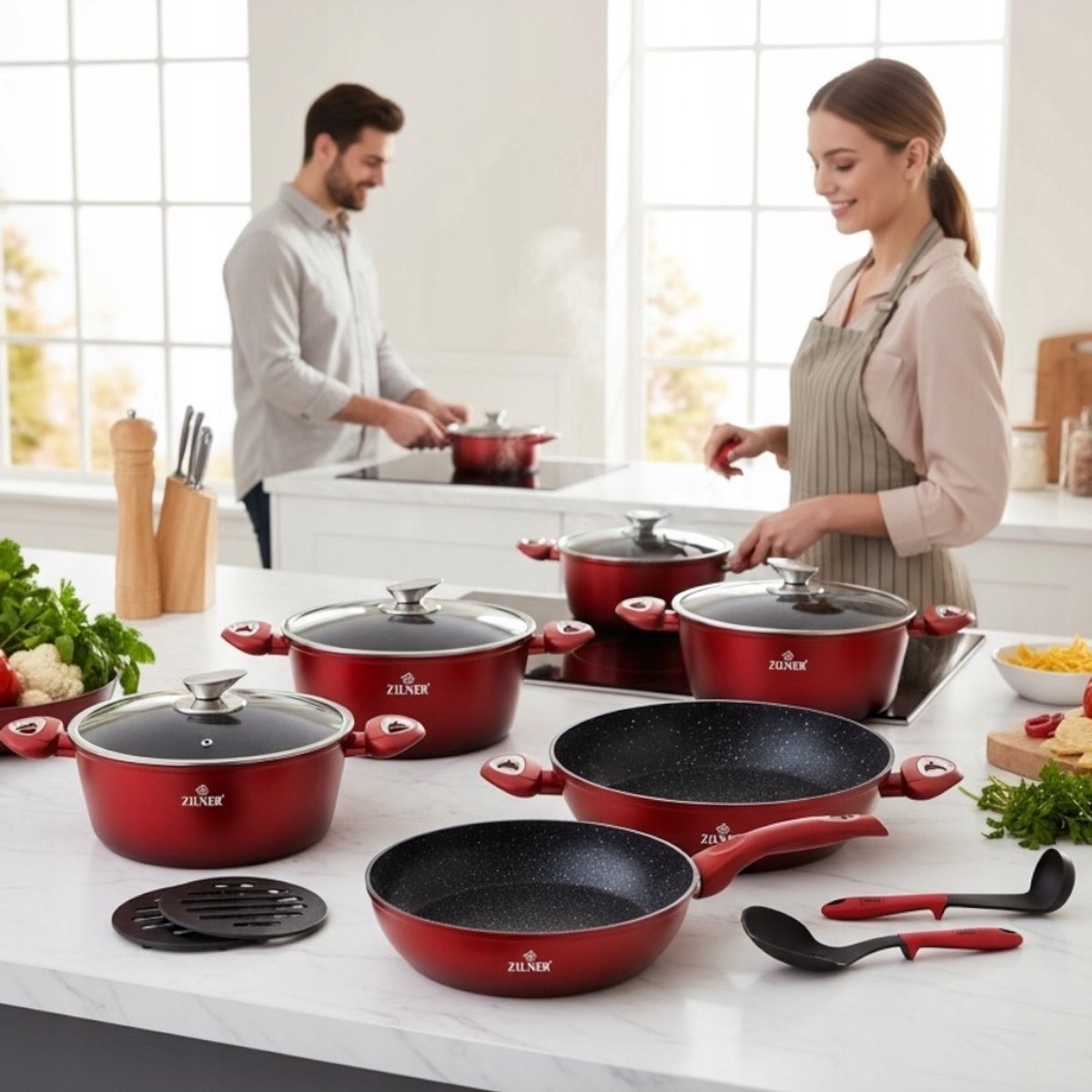Zilner 15-delige graniet pannenset met koekenpan, wok en accessoires