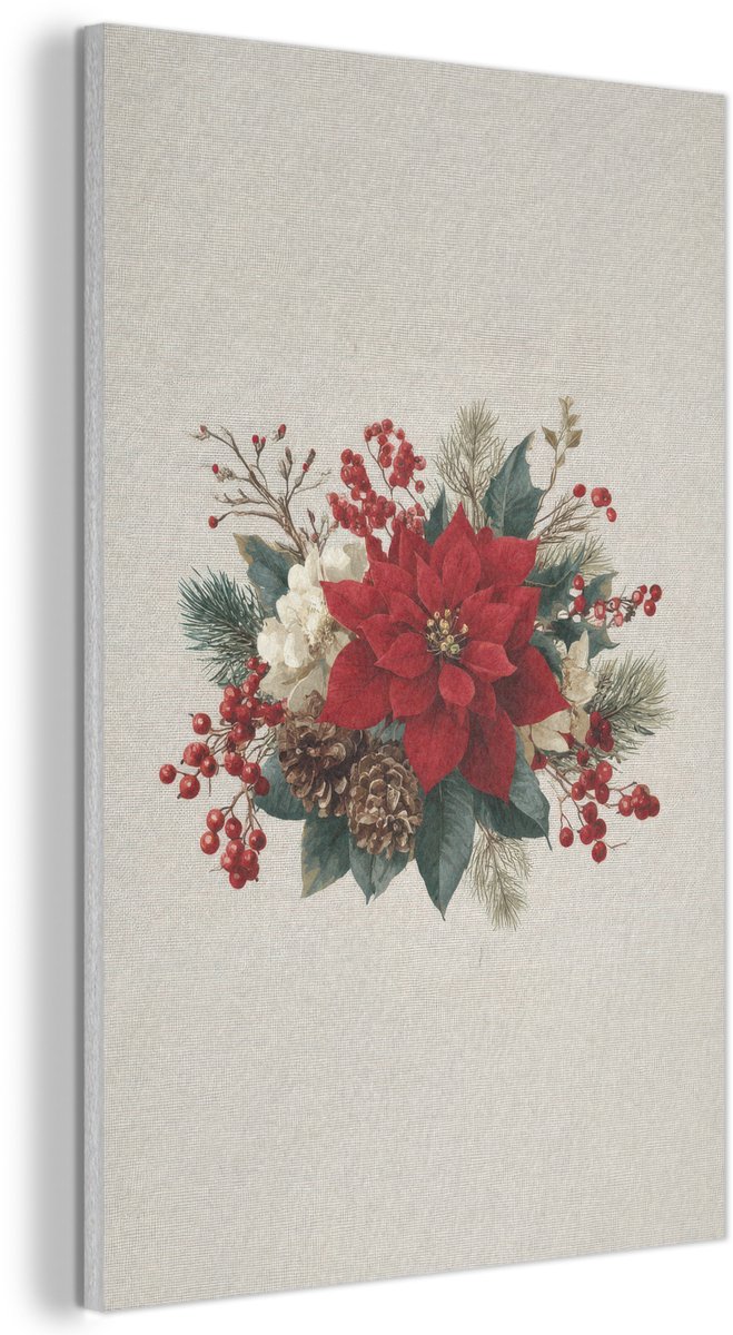 Akoestisch wandpaneel 60x90 cm - Vilt schilderij Kerststuk - Poinsettia - Dennenappels - Rood - Akoestische panelen - Geluidsdempende wanddecoratie - Geluidsisolatie woonkamer - Muurdecoratie geluidspanelen