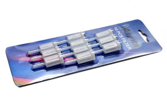 Verpakking met 10 witte filters voor Auarita verfspuit, met tekst '10 PCS FILTER'.