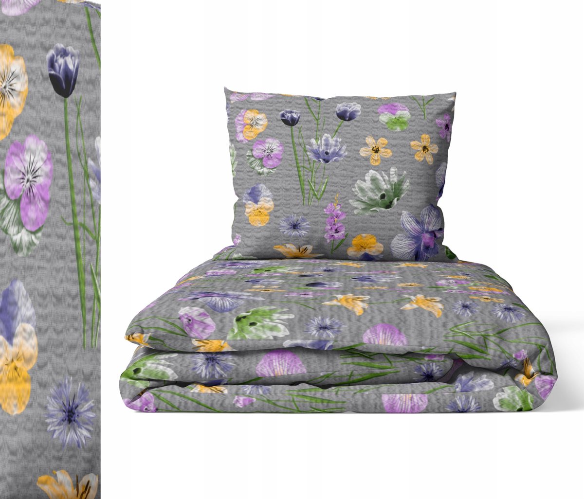 Katoenen Dekbedovertrek 160x200cm met Kussensloop 70x80cm - Dik, Veldbloemen Grijs