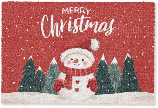 Deurmat 90x60 cm - Droogloopmat Kerstgroet - Sneeuw - Rood - Mat voor binnen - Schoonloopmat - Deurmatten met print - Inloopmat