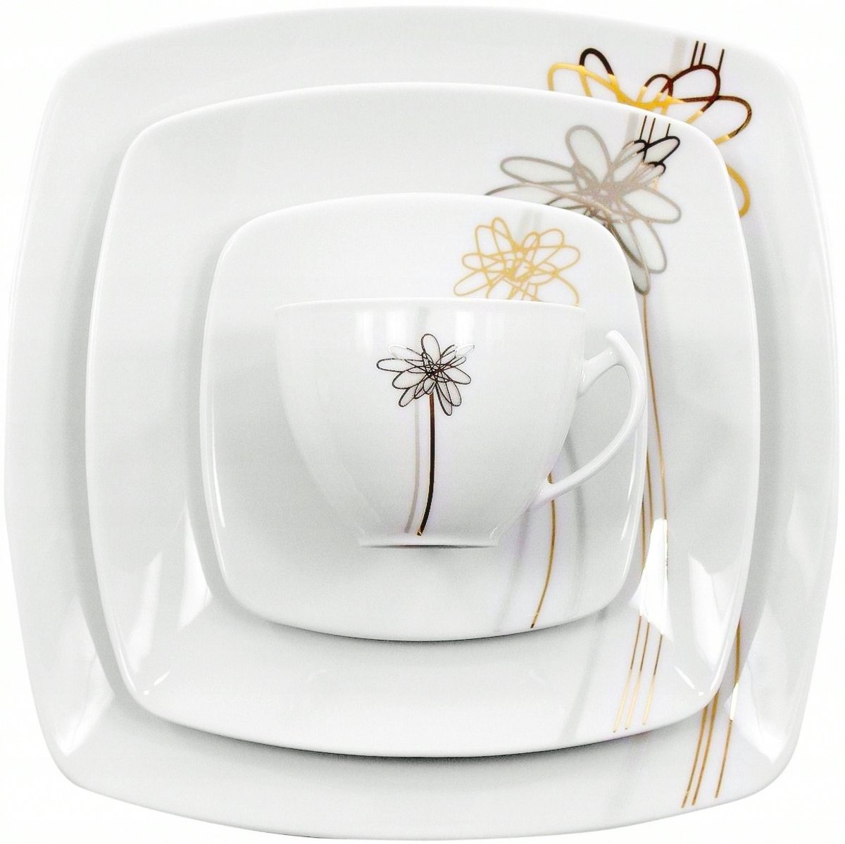 Servies E525 Gouden Bloem 12 personen, 44 zitplaatsen, Porselein