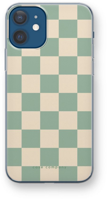 iPhone 12 mini met een mintgroen en beige geblokt telefoonhoesje.