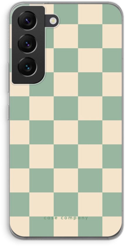 Telefoonhoesje met een mintgroen en beige schaakbordpatroon.