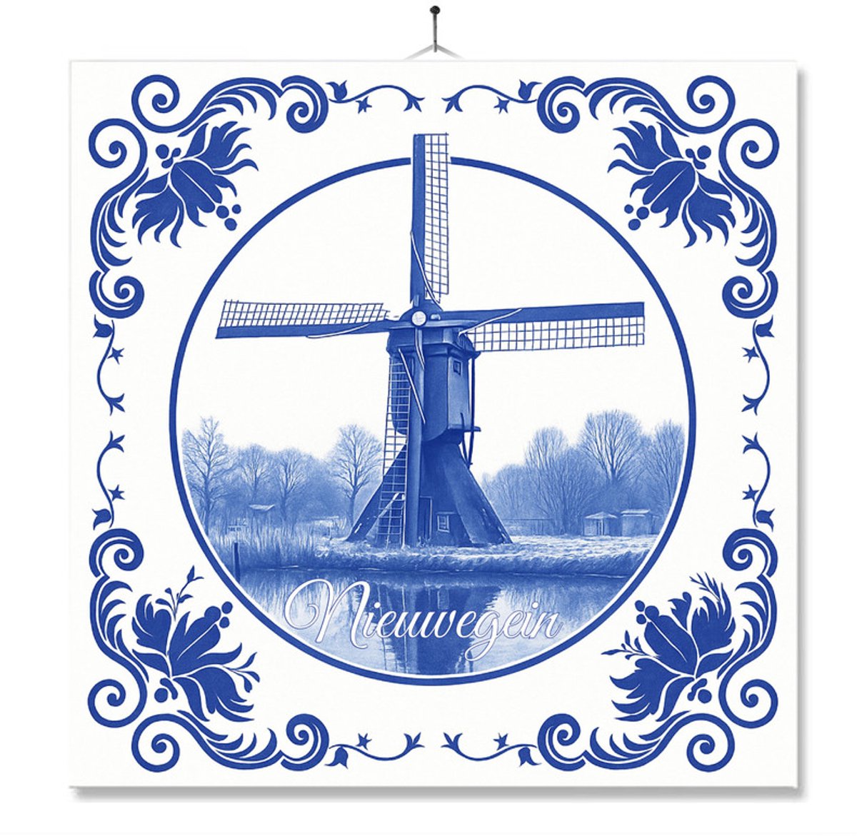 Tegel Met Opdruk | Nieuwegein | Delft Blauw | Cadeau | Inclusief Geschenkdoos | Standaard | Ophangsysteem