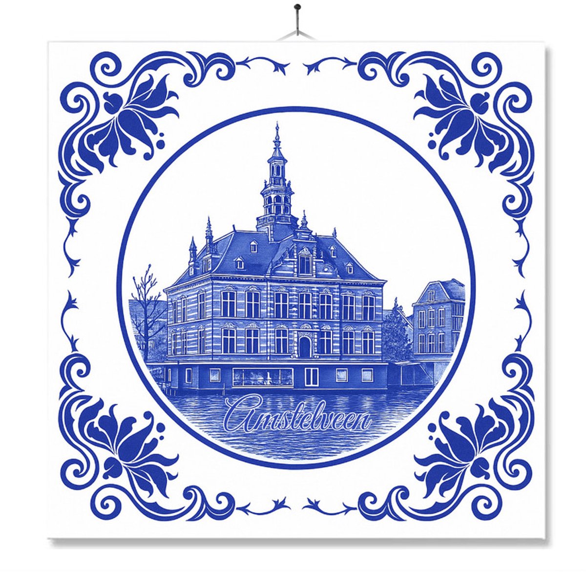 Tegel Met Opdruk | Amstelveen | Delft Blauw | Cadeau | Inclusief Geschenkdoos | Standaard | Ophangsysteem