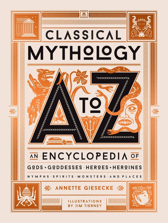 Couverture du livre 'Classical Mythology A to Z' avec des illustrations orange et noires de créatures mythiques et d'ornements grecs.