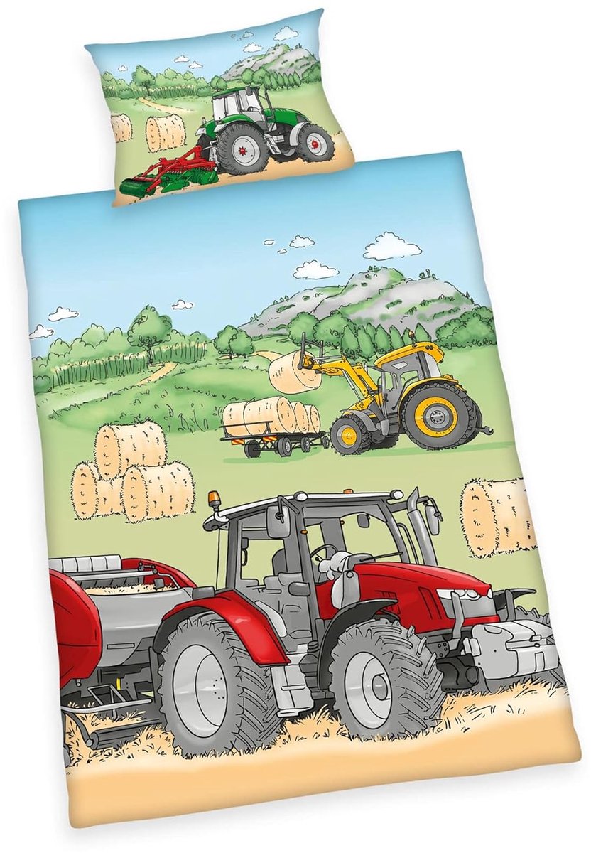 Image of Ademend beddengoed met tractorontwerp - set van 1 - veelkleurig - 100% katoen - 40x60 cm en 100x135 cm