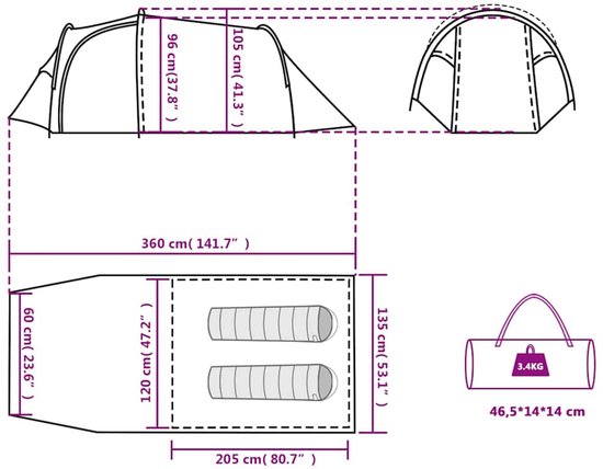 vidaXL Tunneltent - 2-Persoons - Waterdicht - Blauw Kampeerten - Tunneltent - Tweepersoons Tent - Campingtent - Waterproof Tent van Vidaxl — afbeelding 5