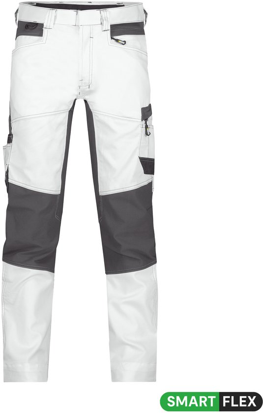 Witte werkbroek met donkergrijze panelen, zakken en 'Smart Flex' logo.