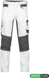 Witte werkbroek met donkergrijze panelen, zakken en 'Smart Flex' logo.