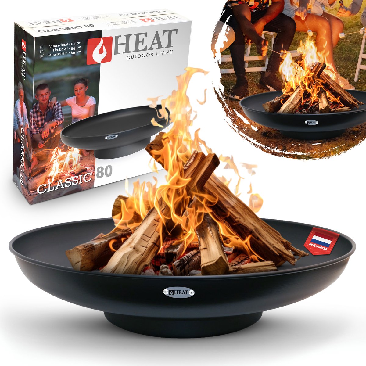 HEAT Outdoor Living - Vuurschaal Classic Ø 80 cm Zwart - Staal - Vuurkorf - Vuurschaal BBQ - Vuurschaal voor buiten - Terraskachel - Tuinkachel Terrashaard - Vuurkorf voor buiten - Vuurkorf BBQ - Vuurton - Terraskachel - 80x80x16 cm