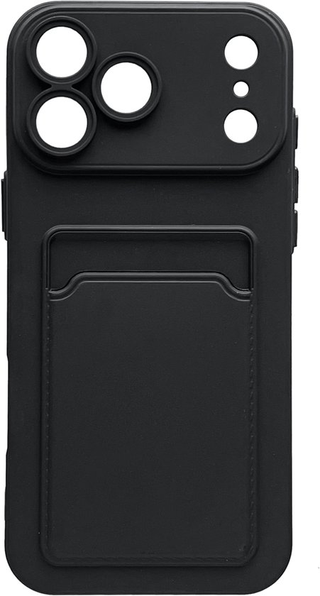 Zwart telefoonhoesje met pasjeshouder en uitsparingen voor drie camera's.