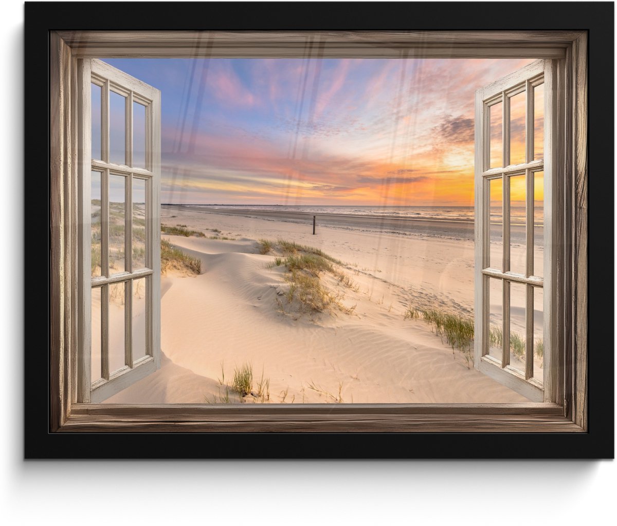 FrameYourWall Poster in lijst - Fotolijst 40x30 cm - Posters - Doorkijk - Strand - Duinen - Natuur - Landschap - Posterlijst zwart - Decoratie - Wanddecoratie woonkamer - Muurdecoratie slaapkamer Zonsondergang - Strand