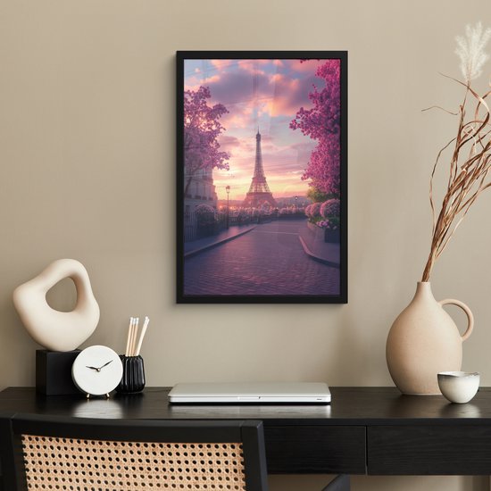 Poster in lijst - Fotolijst 40x60 cm - Posters - Eiffeltoren - Parijs - Roze - Posterlijst zwart - Decoratie - Wanddecoratie woonkamer - Muurdecoratie slaapkamer