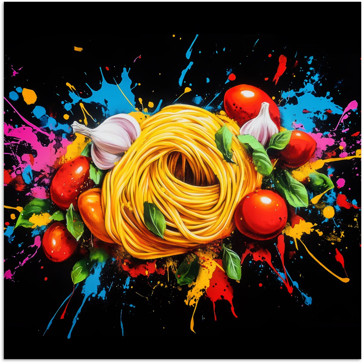 Poster 30x30 cm - Spaghetti - Graffiti - Verf - Kleurrijk - Eten - Modern - Posters - Kame