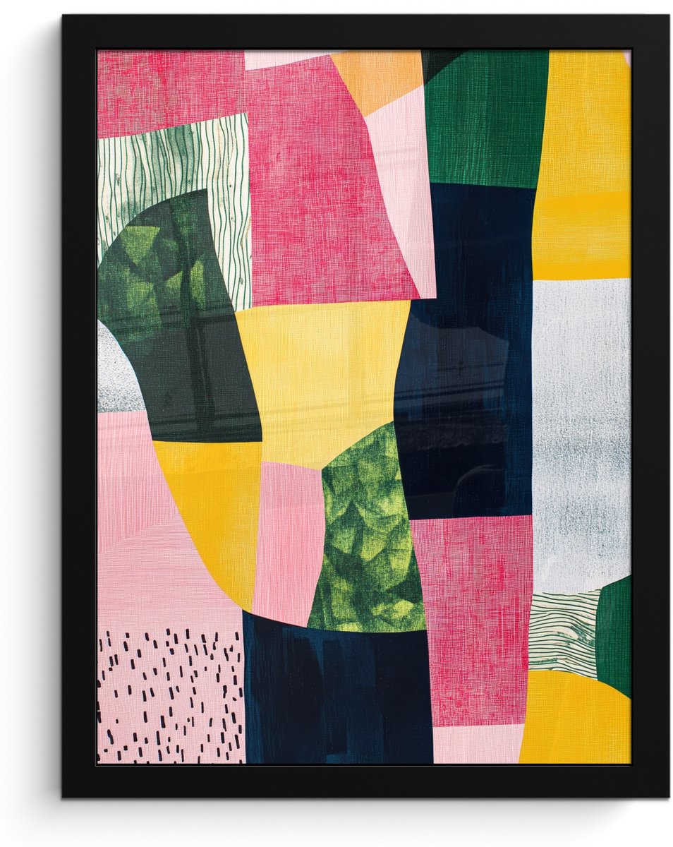 FrameYourWall Poster in lijst - Fotolijst 30x40 cm - Posters - Abstract - Roze - Lappen - Vormen - Geel - Posterlijst zwart - Decoratie - Wanddecoratie woonkamer - Muurdecoratie slaapkamer