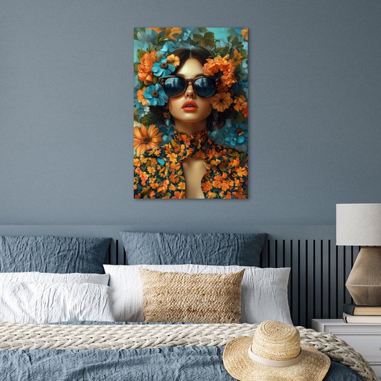 Affiche 40x60 cm - Femme - Fleurs - Oranje - Blauw - Moderne - Posters - Décoration chambre - Décoration murale salon - Décoration murale chambre