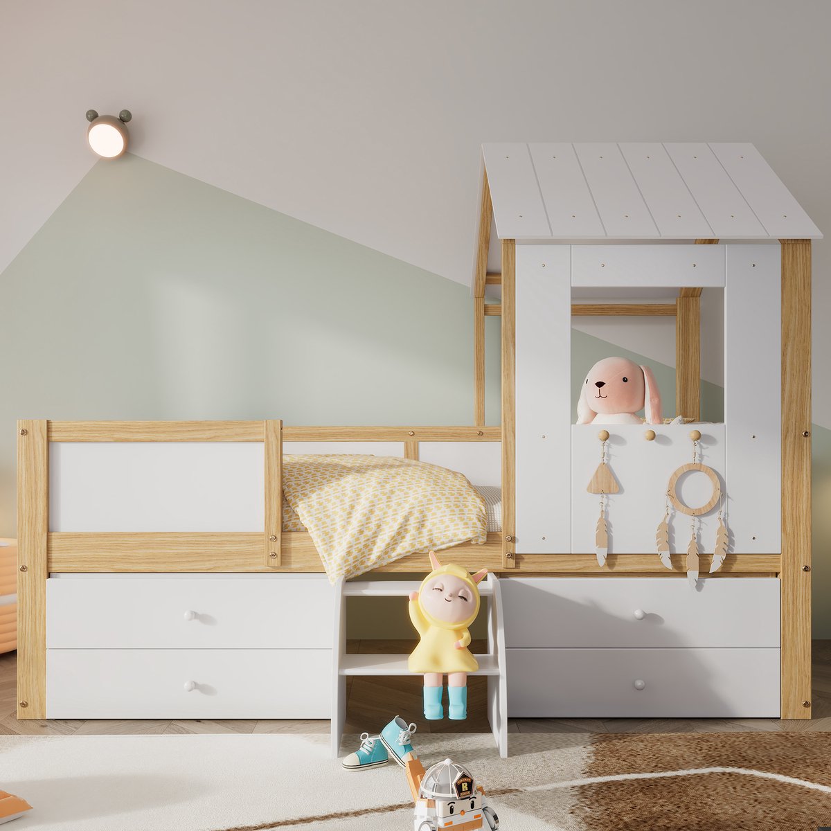 Kinderbed 90x200 cm - Halfhoog Huisbed met Dak en Venster - Vierzijdig hekwerk - 4 laden e