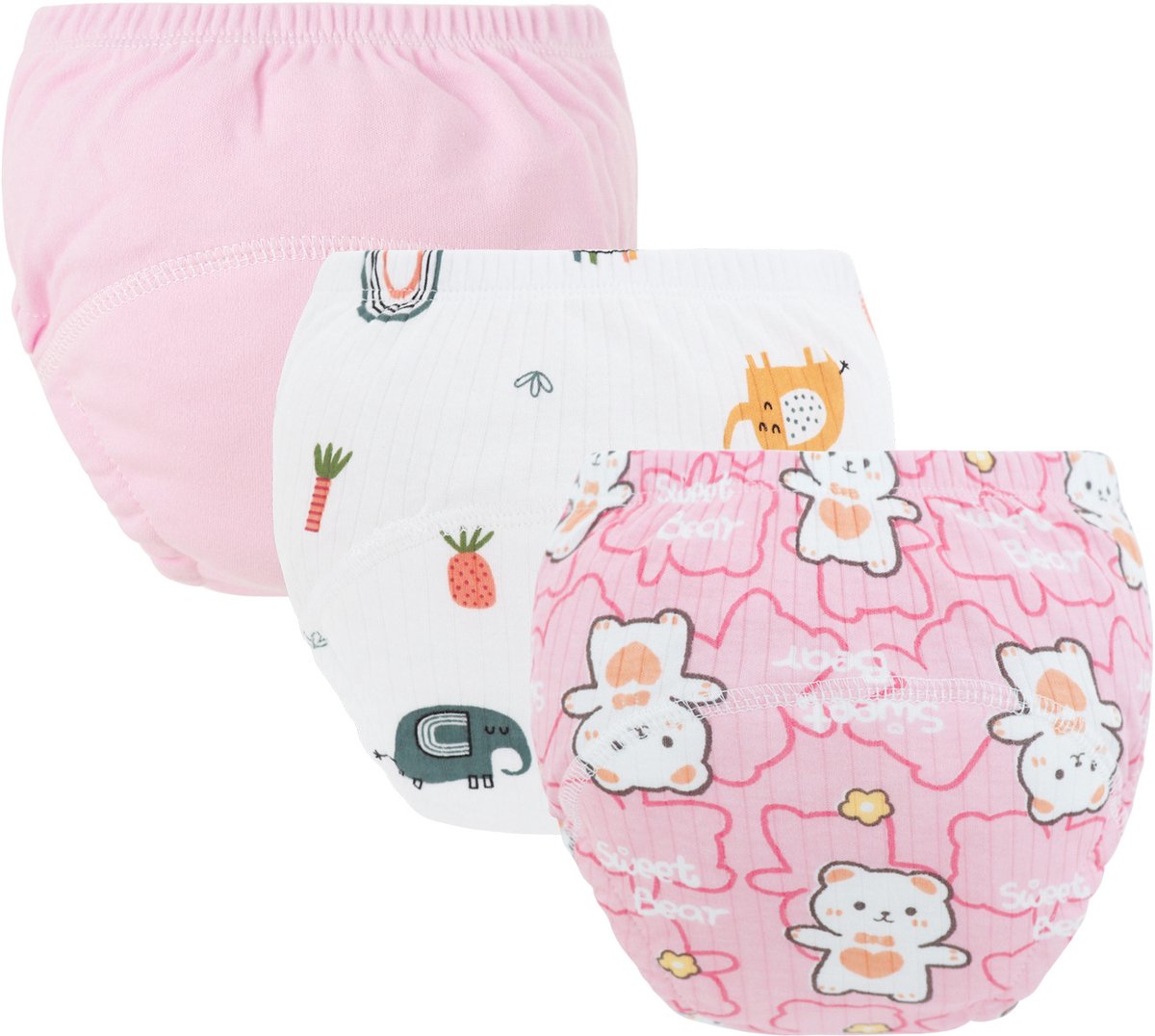 Image of 3-pack baby katoenen trainingsbroekjes - herbruikbare peuter zindelijkheidstraining broekjes - roze + roze olifant + roze beer (luiers) - geschikt voor jongens en meisjes van 12-18 kg