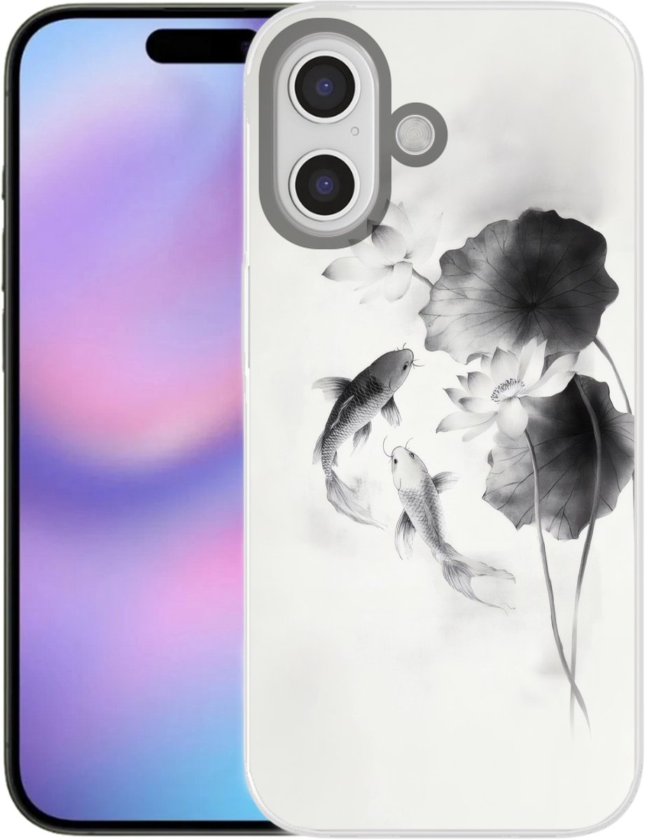 Telefoonhoesje Geschikt voor iPhone 17 hoesje - Lotusbloemen - Vissen - Bladeren - Zwart - Siliconen Telefoonhoesje Telefoonhoesje