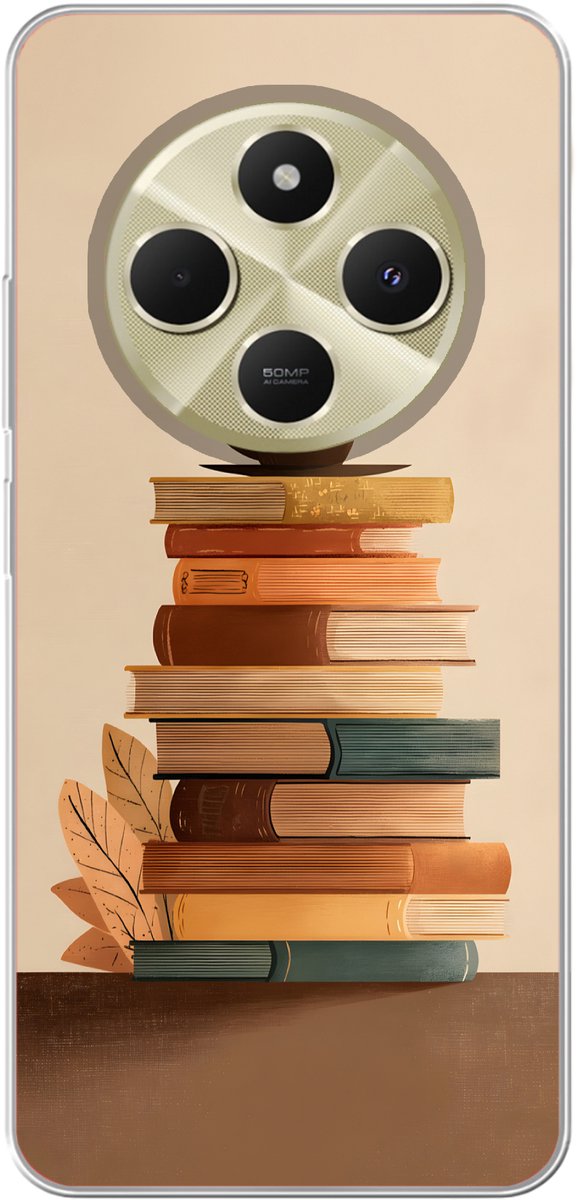 Telefoonhoesje Geschikt voor Xiaomi Geschikt voor Redmi 14C hoesje - Boeken - Toren - Koffie - Beige - Siliconen Telefoonhoesje Telefoonhoesje