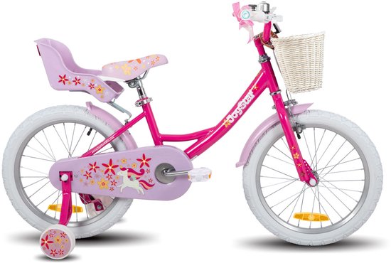 Roze kinderfiets met witte mand, stoelverhoger, zijwieltjes en eenhoorn- en bloemendecoratie.