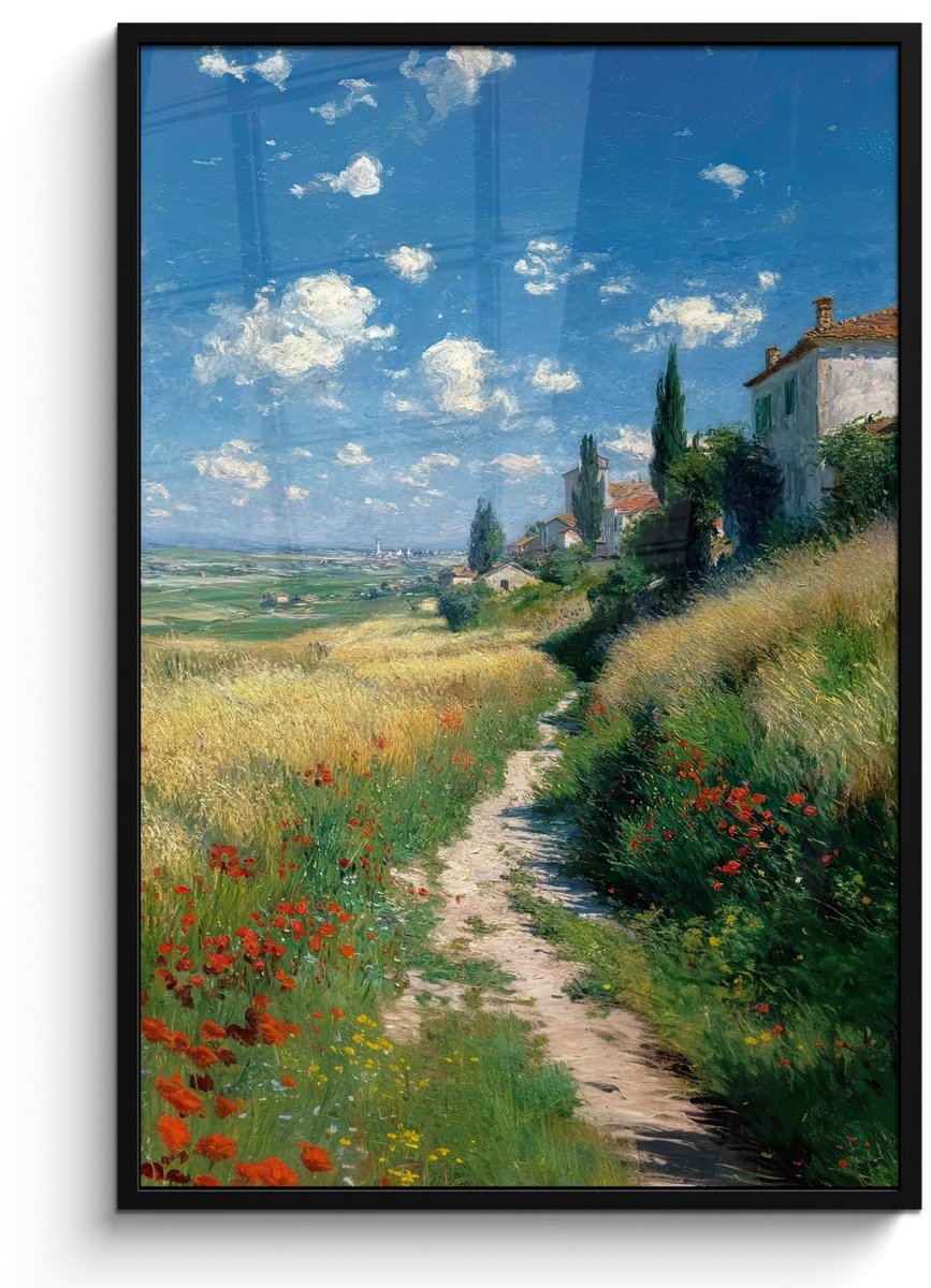 FrameYourWall Poster in lijst - Fotolijst 80x120 cm - Posters - Zandpad - Huis - Bomen - Grasveld - Posterlijst zwart - Decoratie - Wanddecoratie woonkamer - Muurdecoratie slaapkamer