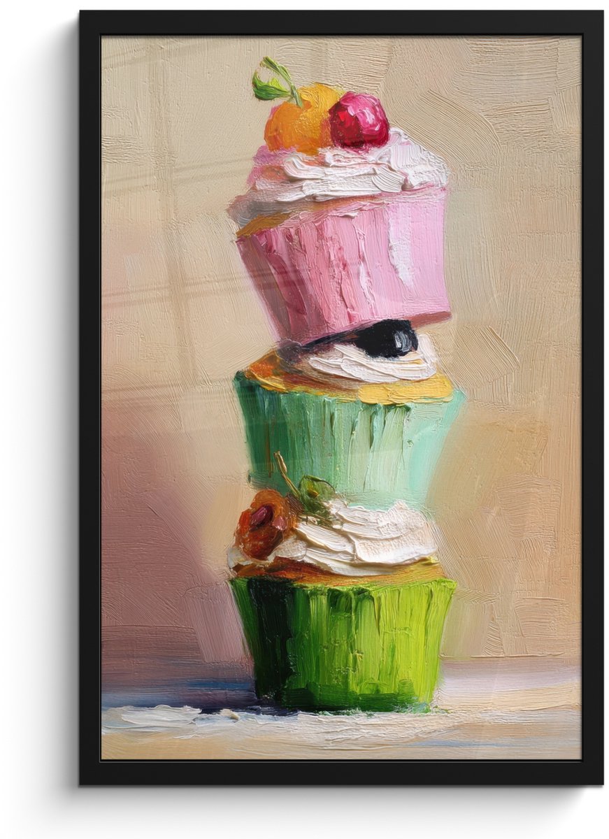 FrameYourWall Poster in lijst - Fotolijst 40x60 cm - Posters - Cupcakes - Gestapeld - Kleurrijk - Fruit - Posterlijst zwart - Decoratie - Wanddecoratie woonkamer - Muurdecoratie slaapkamer