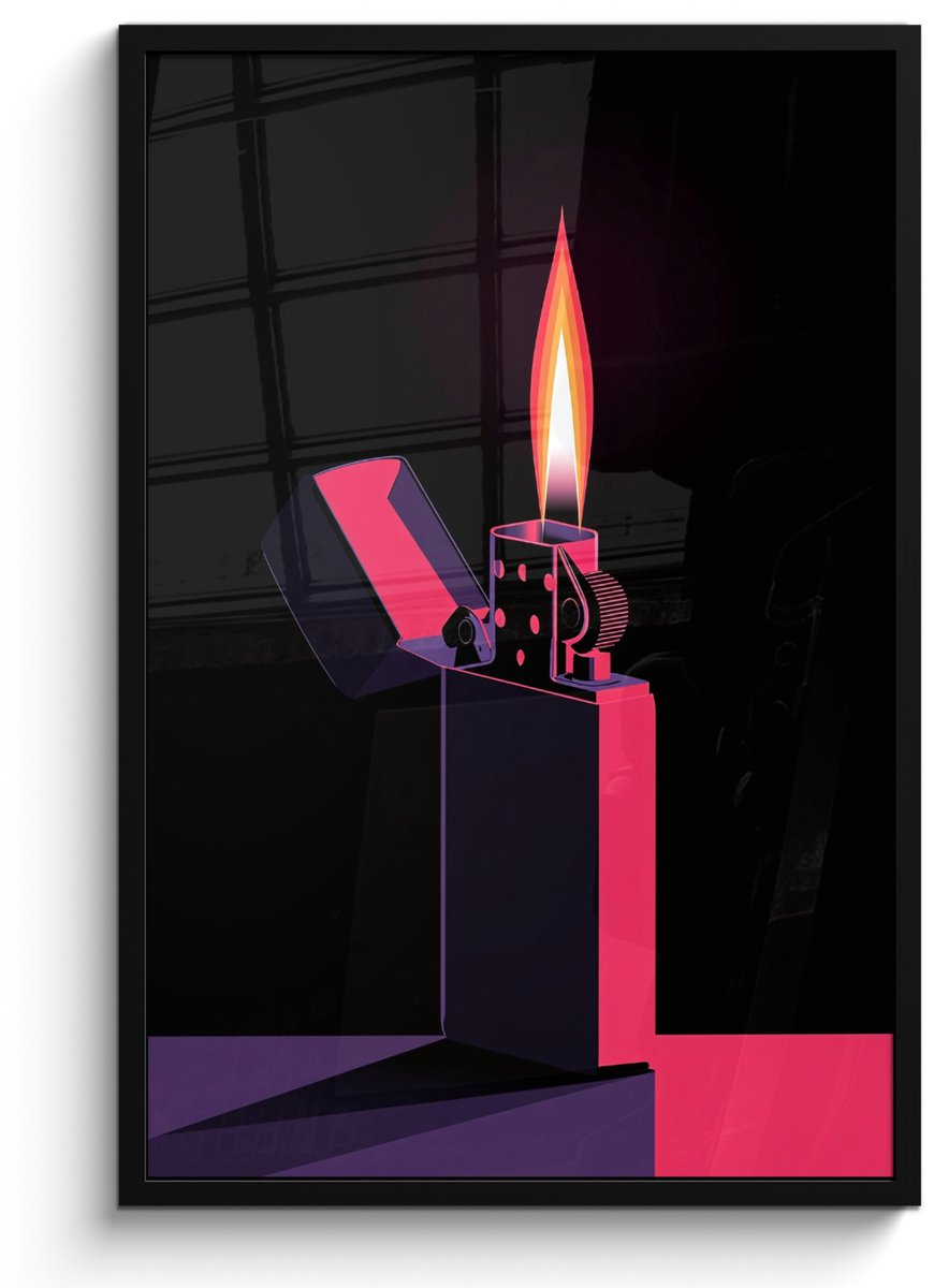 FrameYourWall Poster in lijst - Fotolijst 60x90 cm - Posters - Aansteker - Vlam - Donker - Posterlijst zwart - Decoratie - Wanddecoratie woonkamer - Muurdecoratie slaapkamer