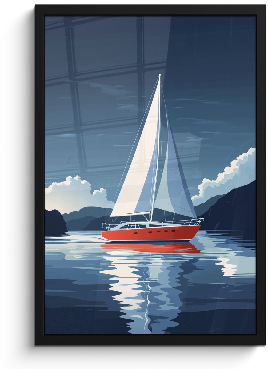 FrameYourWall Poster in lijst - Fotolijst 40x60 cm - Posters - Zeilboot - Donkere bergen - Stilte - Posterlijst zwart - Decoratie - Wanddecoratie woonkamer - Muurdecoratie slaapkamer Zeilboot - Wolken