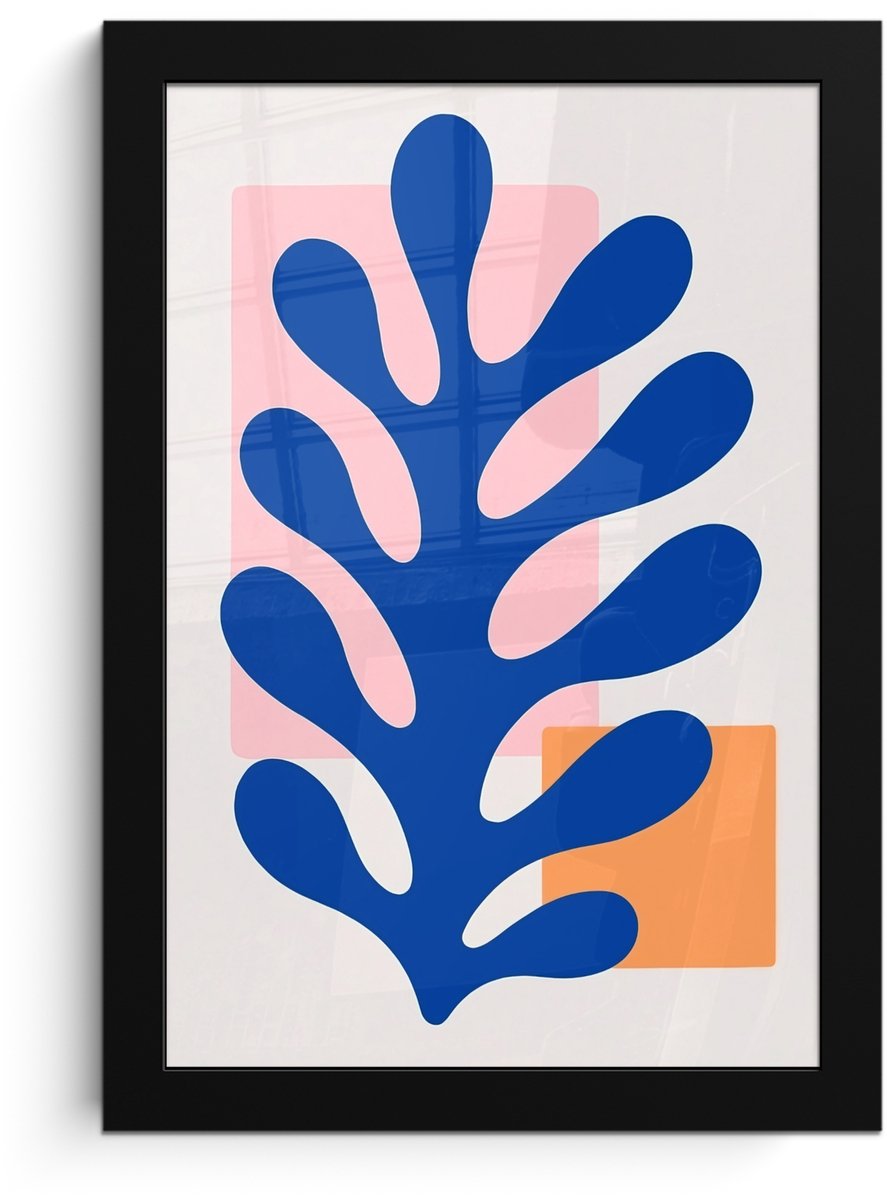 FrameYourWall Poster in lijst - Fotolijst 20x30 cm - Posters - Abstract - Blad - Blauw - Rechthoeken - Posterlijst zwart - Decoratie - Wanddecoratie woonkamer - Muurdecoratie slaapkamer