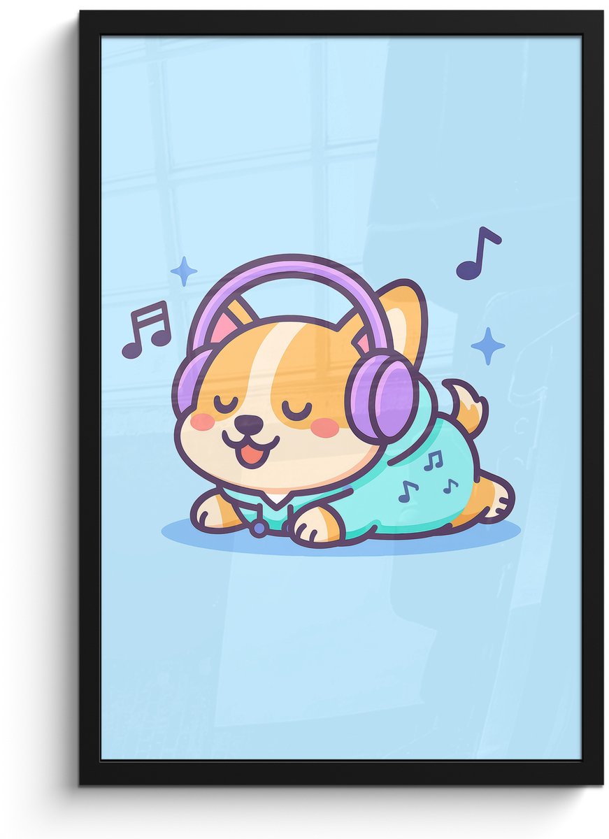 FrameYourWall Poster in lijst - Fotolijst 40x60 cm - Posters - Corgi - Koptelefoon - Blauw - Muzieknoten - Posterlijst zwart - Decoratie - Wanddecoratie woonkamer - Muurdecoratie slaapkamer Hond