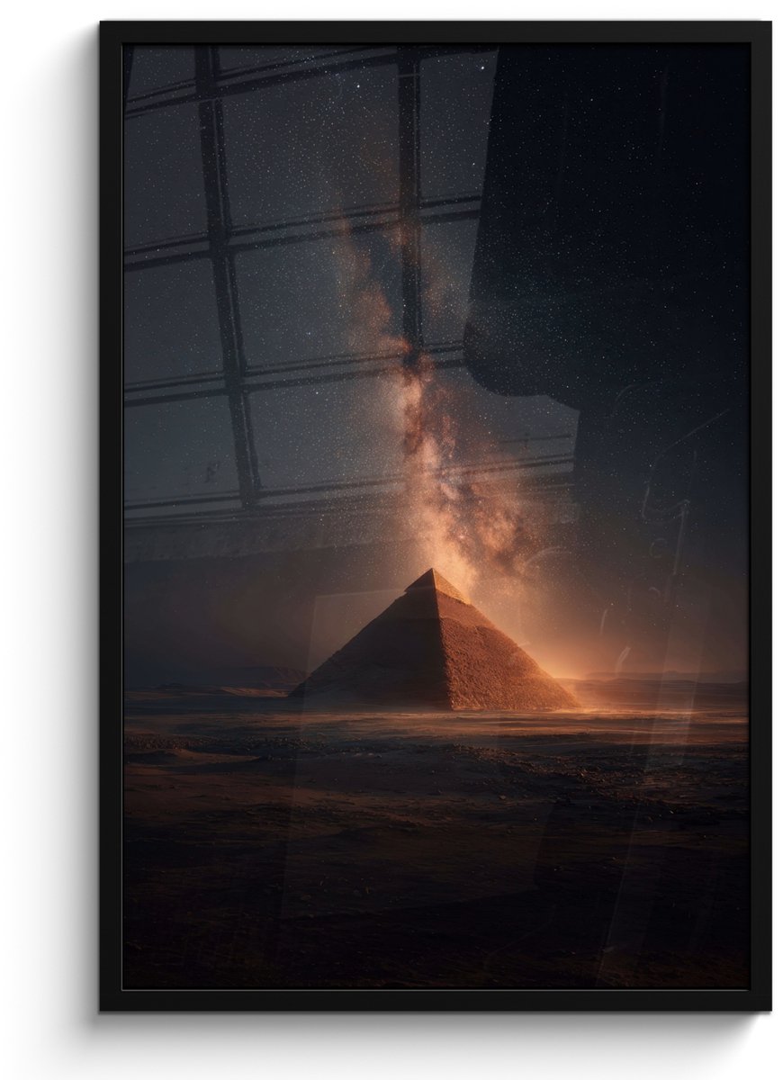 FrameYourWall Poster in lijst - Fotolijst 60x90 cm - Posters - Piramide - Woestijn - Licht - Posterlijst zwart - Decoratie - Wanddecoratie woonkamer - Muurdecoratie slaapkamer Piramide - Sterren