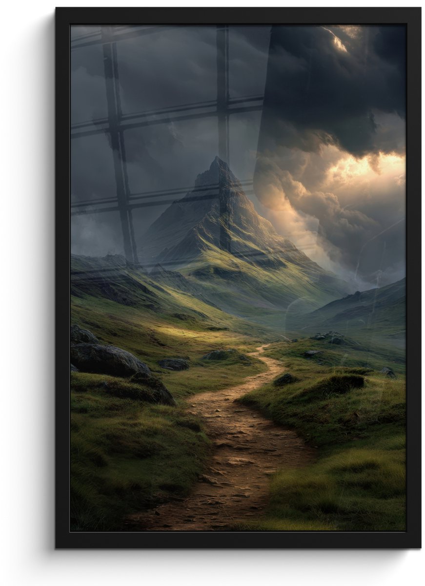 FrameYourWall Poster in lijst - Fotolijst 40x60 cm - Posters - Bergen - Kronkelpad - Groen - Wolken - Posterlijst zwart - Decoratie - Wanddecoratie woonkamer - Muurdecoratie slaapkamer Bergen - Pad - Wolken