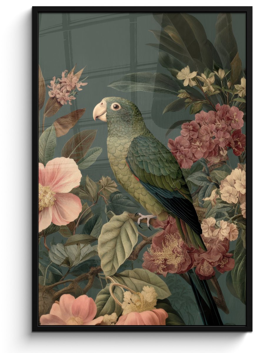 FrameYourWall Poster in lijst - Fotolijst 80x120 cm - Posters - Groene papegaai - Kleurrijke bloemen - Donkere achtergrond - Posterlijst zwart - Decoratie - Wanddecoratie woonkamer - Muurdecoratie slaapkamer Papegaai - Bloemen