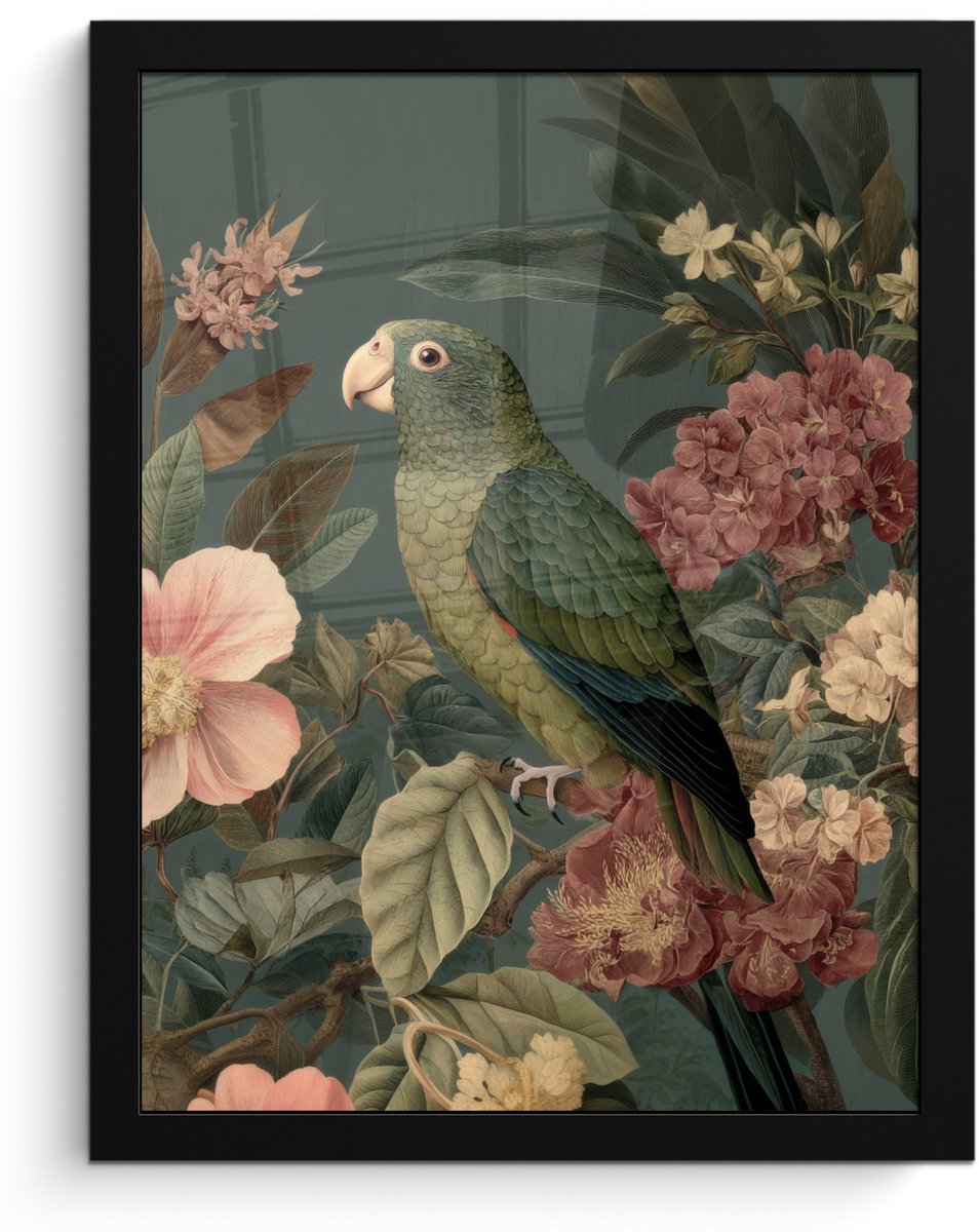 FrameYourWall Poster in lijst - Fotolijst 30x40 cm - Posters - Groene papegaai - Kleurrijke bloemen - Donkere achtergrond - Posterlijst zwart - Decoratie - Wanddecoratie woonkamer - Muurdecoratie slaapkamer Papegaai - Bloemen