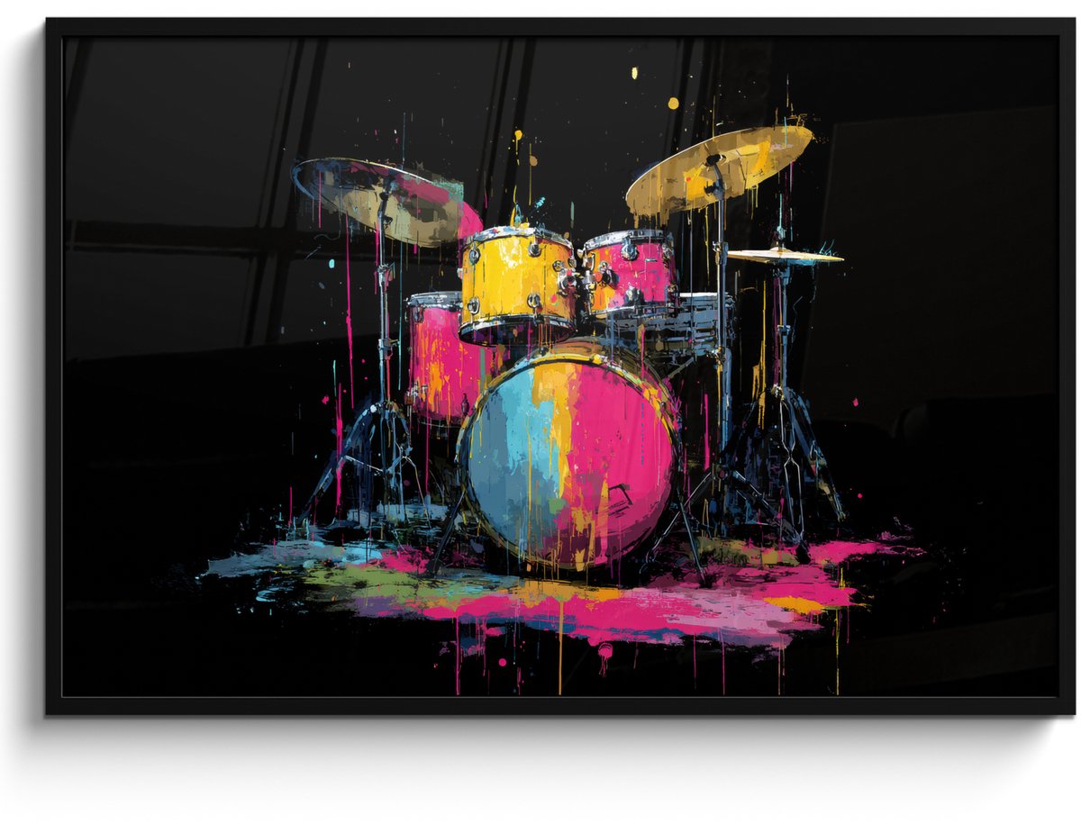 FrameYourWall Poster in lijst - Fotolijst 120x80 cm - Posters - Drumstel - Kleurrijk - Verf - Levendig - Posterlijst zwart - Decoratie - Wanddecoratie woonkamer - Muurdecoratie slaapkamer