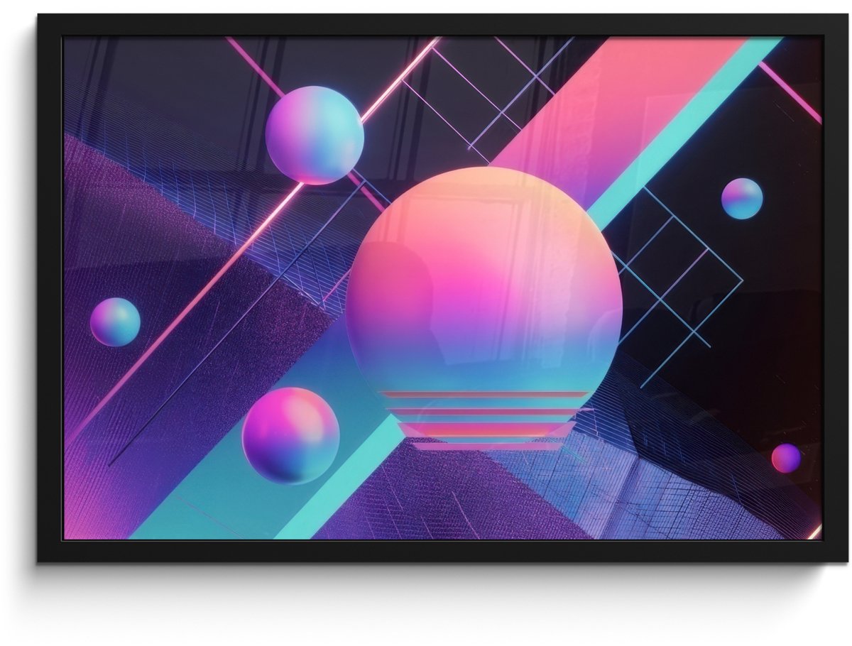 FrameYourWall Poster in lijst - Fotolijst 60x40 cm - Posters - Cirkels - Vlakken - Abstract - Blauw - Posterlijst zwart - Decoratie - Wanddecoratie woonkamer - Muurdecoratie slaapkamer Cirkels - Neon