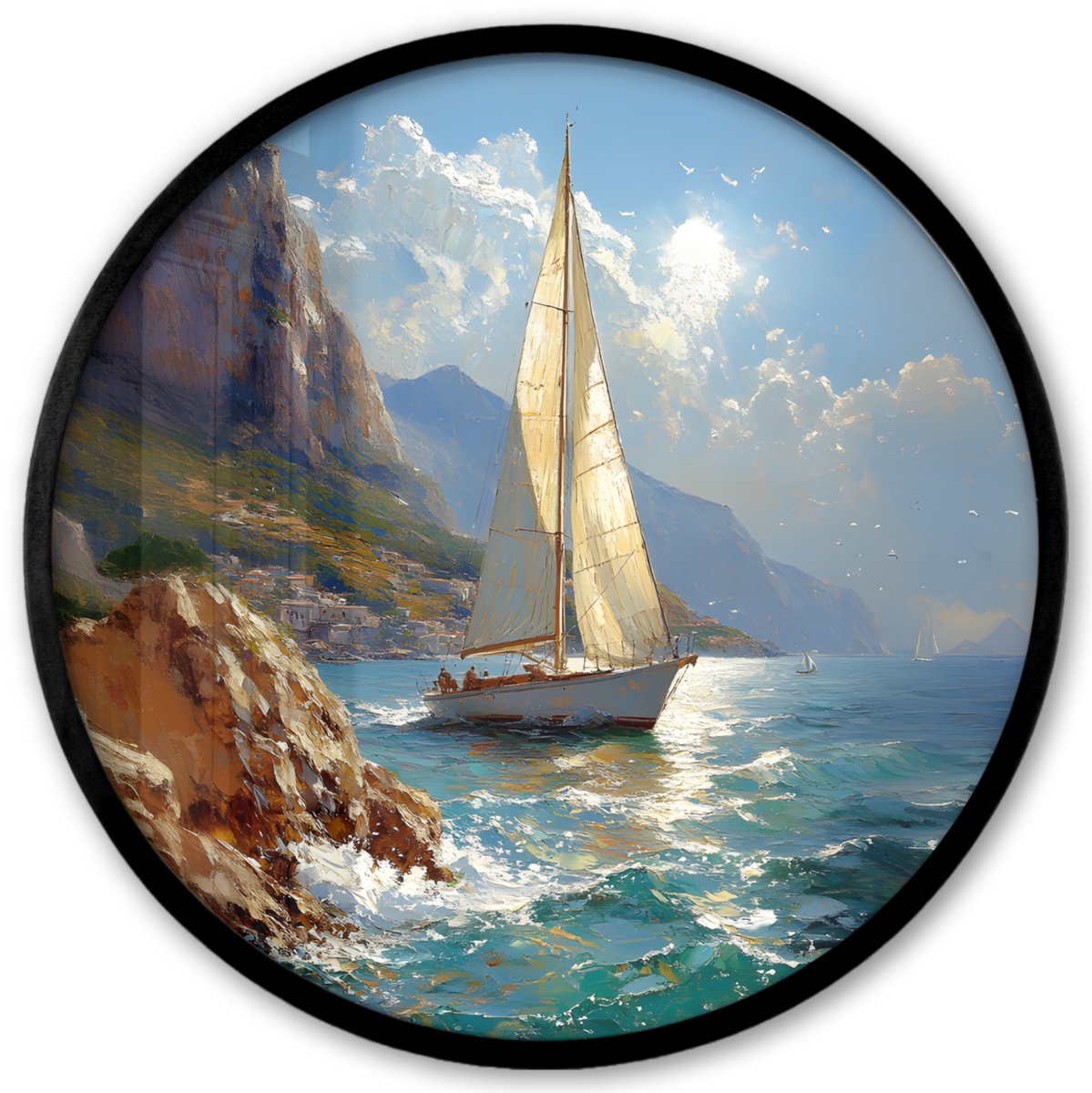 FrameYourWall Poster in lijst Rond - Fotolijst 40x40 cm - Posters - Zeilschip - Zee - Rotsen - Wolken - Ronde posterlijst zwart - Decoratie - Wanddecoratie woonkamer - Muurdecoratie slaapkamer