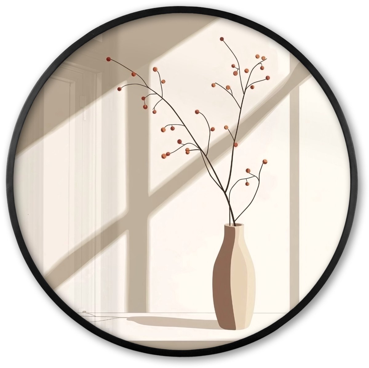 FrameYourWall Poster in lijst Rond - Fotolijst 60x60 cm - Posters - Vaas - Takken - Bessen - Minimalistisch - Ronde posterlijst zwart - Decoratie - Wanddecoratie woonkamer - Muurdecoratie slaapkamer