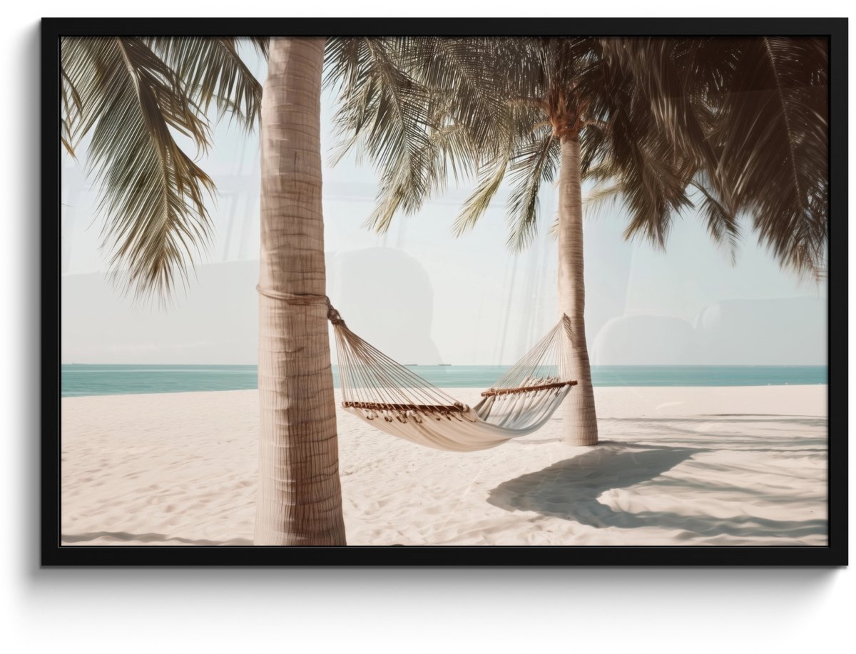 FrameYourWall Poster in lijst - Fotolijst 90x60 cm - Posters - Hangmat - Palmbomen - Strand - Zee - Posterlijst zwart - Decoratie - Wanddecoratie woonkamer - Muurdecoratie slaapkamer