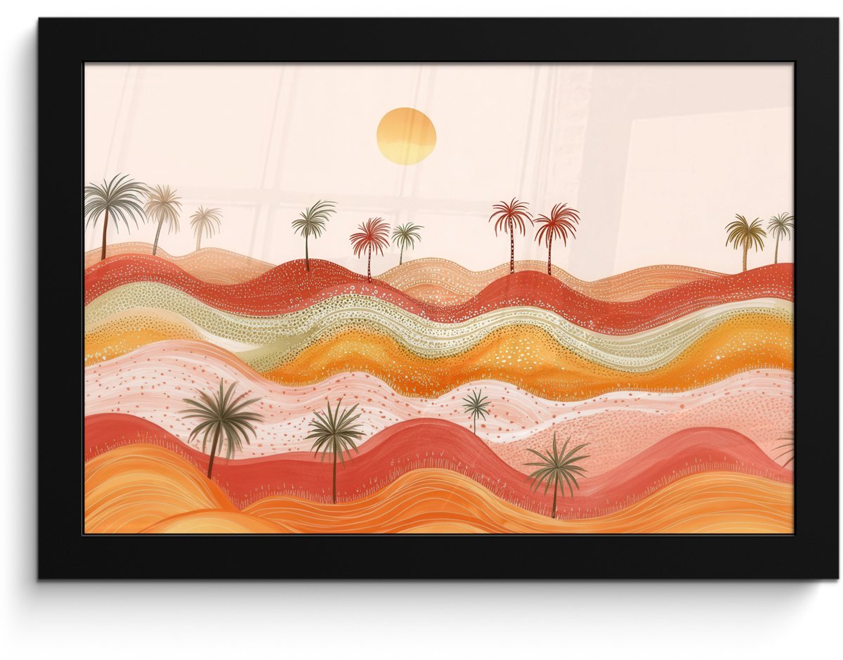 FrameYourWall Poster in lijst - Fotolijst 30x20 cm - Posters - Abstract landschap - Palmbomen - Kleurrijk - Posterlijst zwart - Decoratie - Wanddecoratie woonkamer - Muurdecoratie slaapkamer